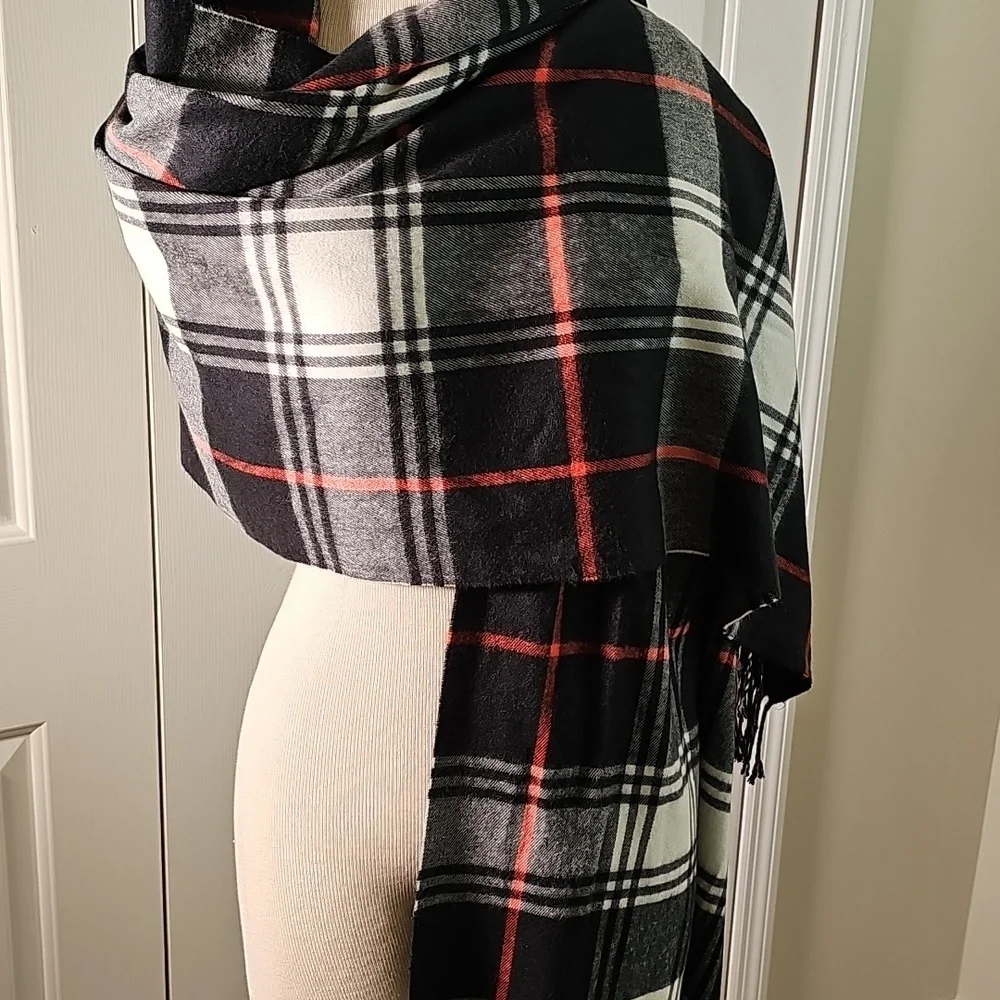 Plaid Black and White Scarf with Red‎ Accents. 25